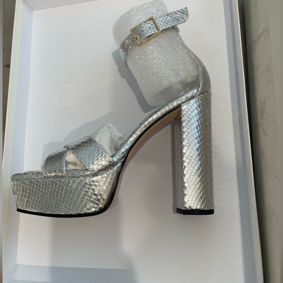 NIB Good American Silver Snake Embossed platform block heel sandal - Picture 3 of 11